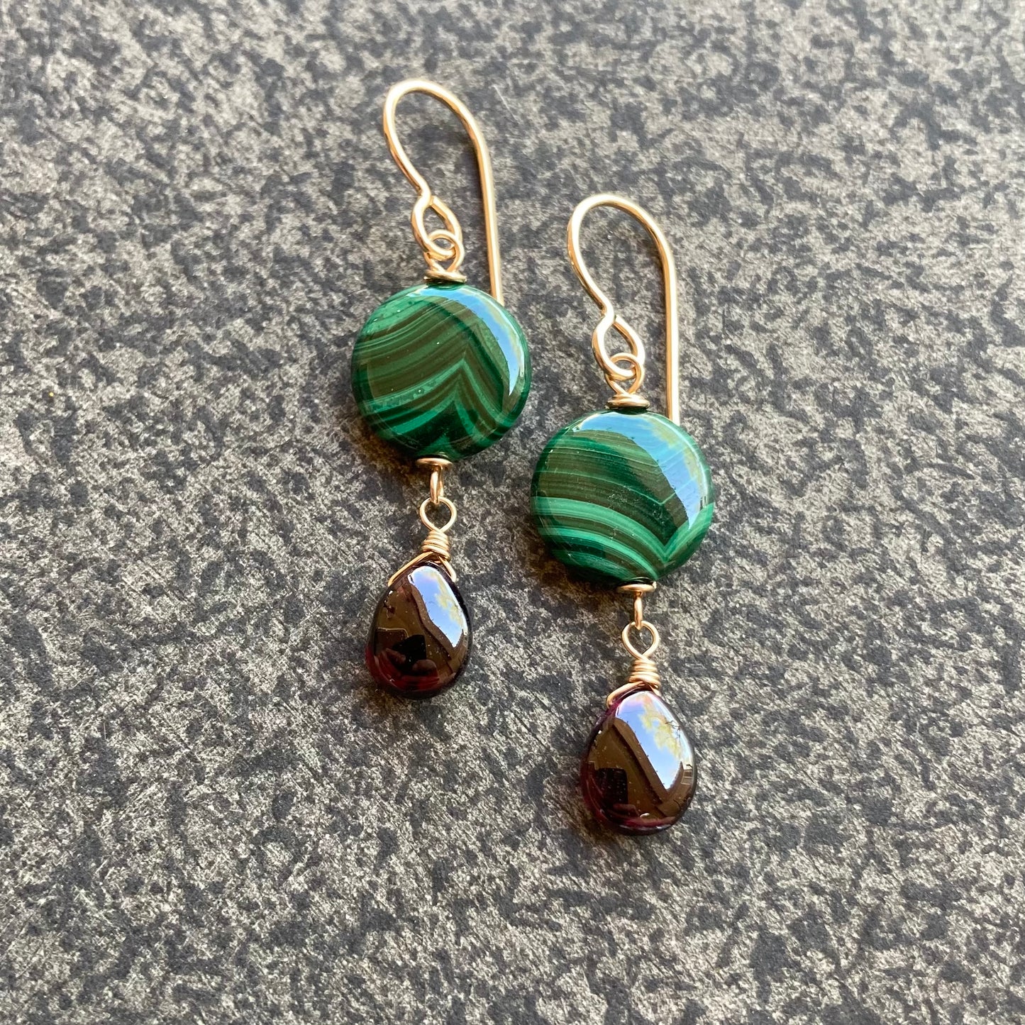 Malachite, Rhodolite & Gold Earrings