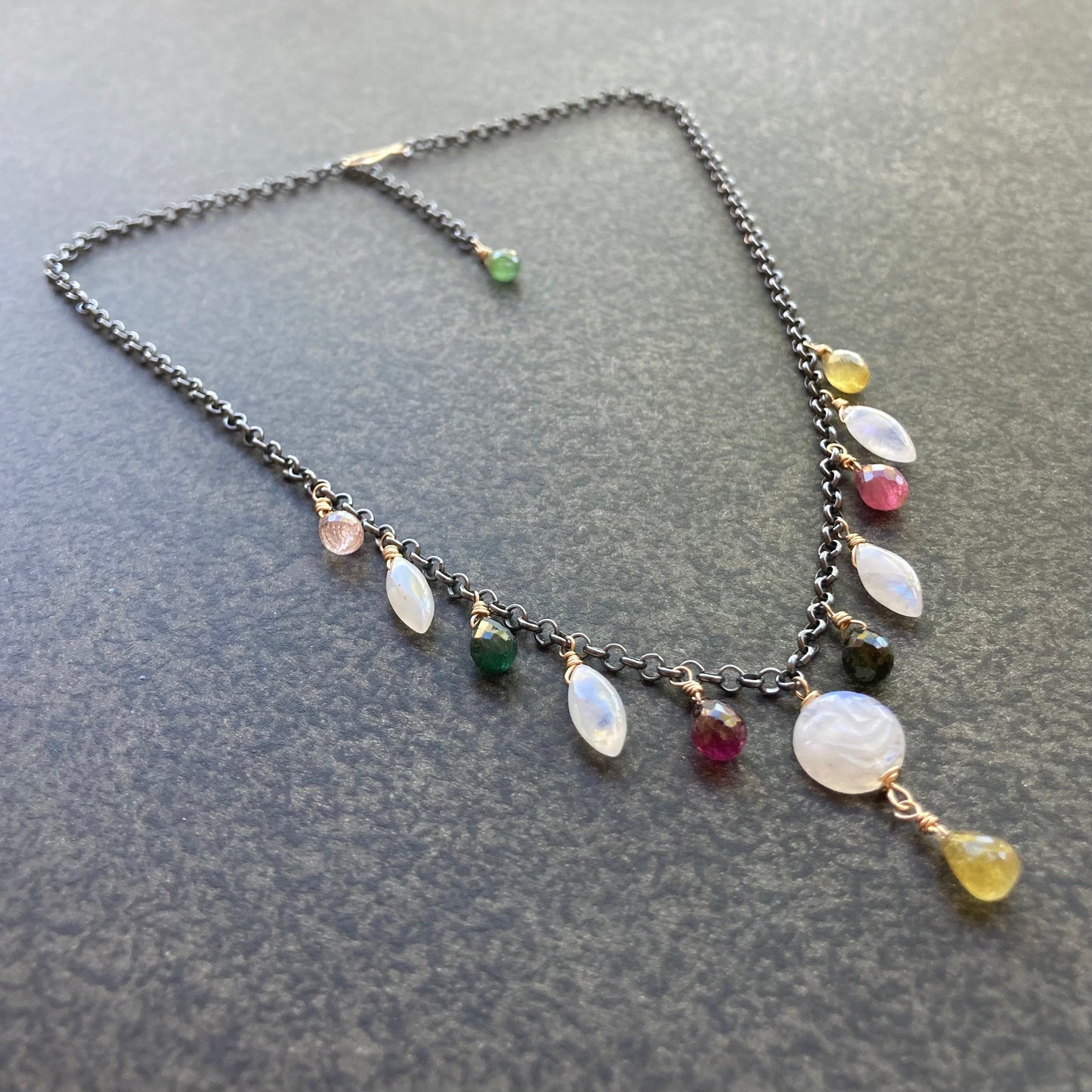 Rainbow Moonstone, Multicolor Tourmaline & Mixed Metal Full Moon Charm Choker