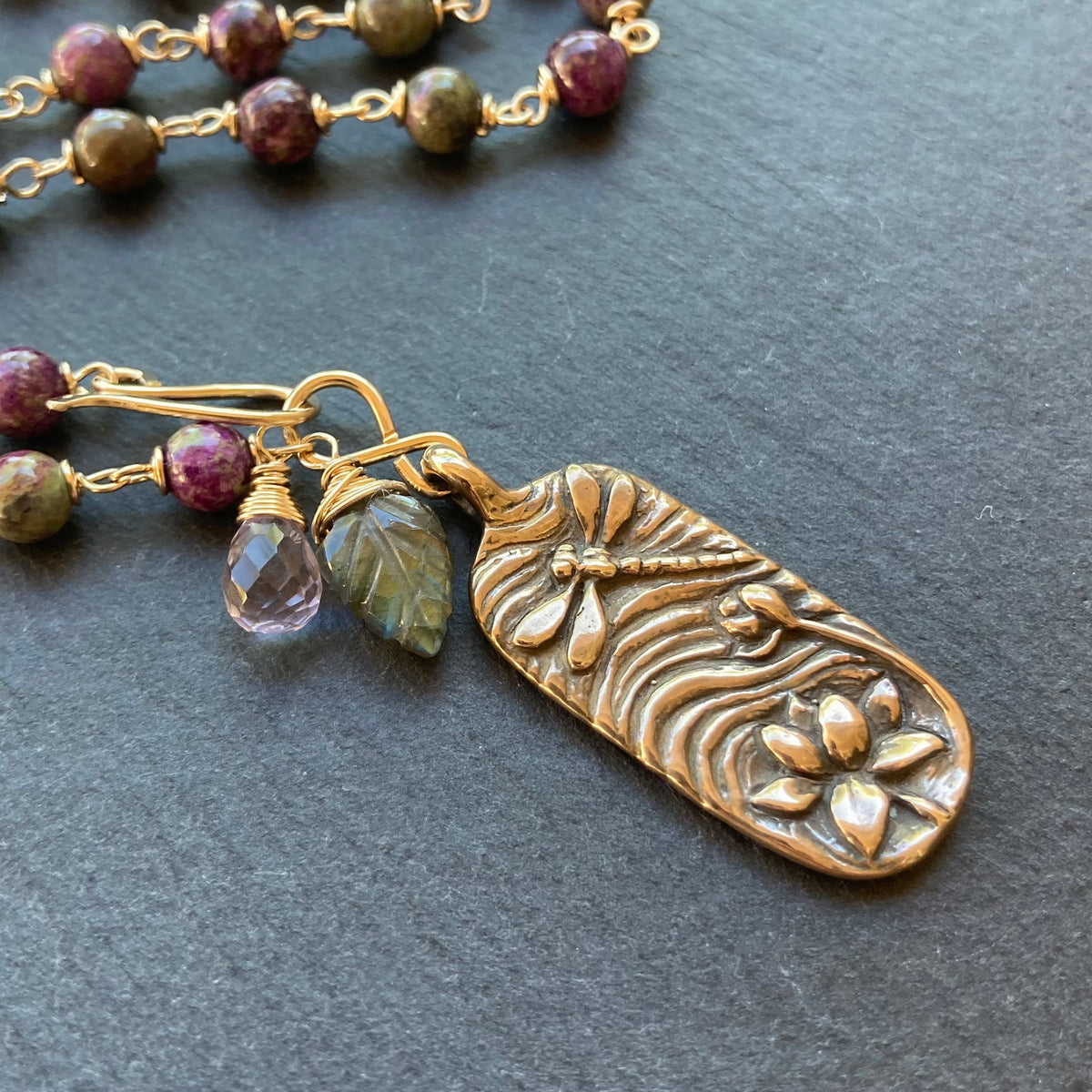 Atlantisite Stichtite, Gold & Bronze Dragonfly Lily Pendant Necklace