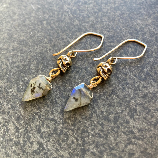 Labradorite, Gold & Bronze Skull Earrings