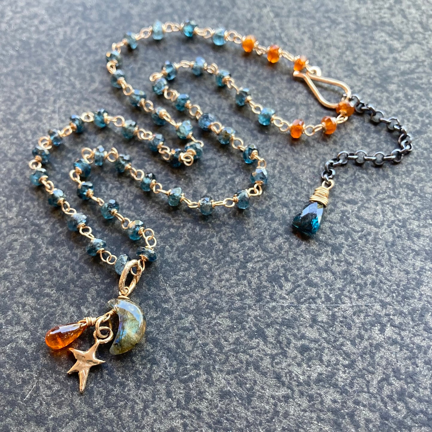 Moss Kyanite & Mixed Metal Moon Drop Necklace