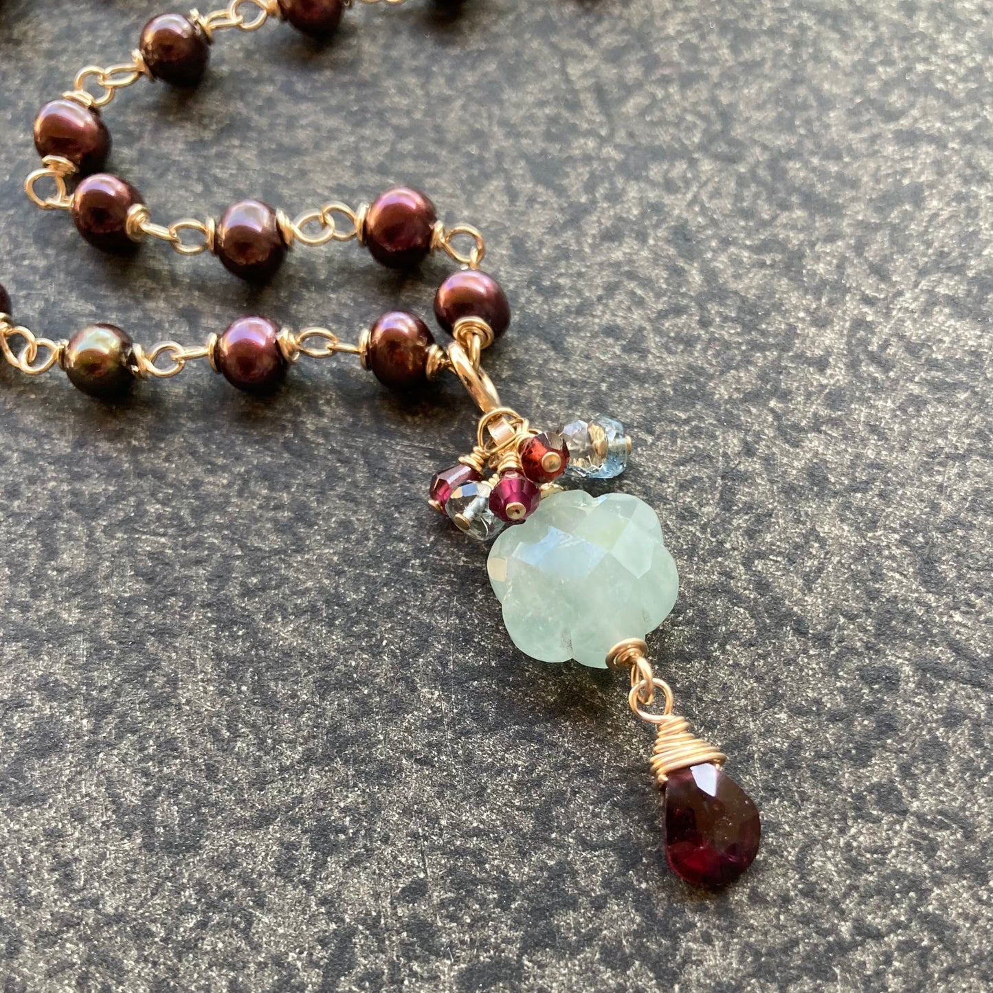 Aquamarine, Cranberry Freshwater Pearl, Rhodolite Garnet & Gold Flower Drop Pendant Necklace