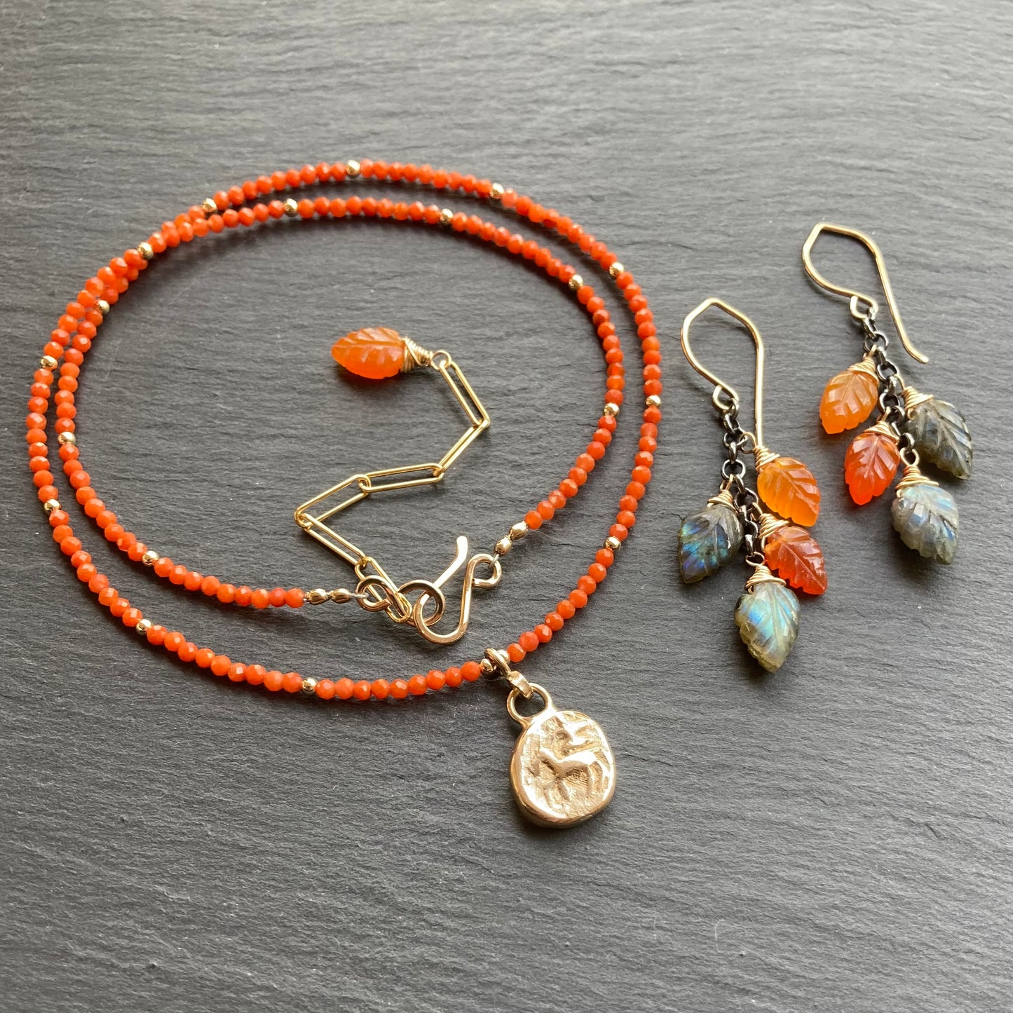 Labradorite, Carnelian & Mixed Metal Cascade Earrings