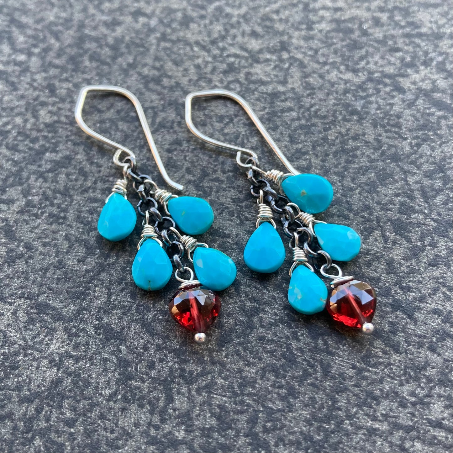 Sleeping Beauty Turquoise, Mozambique Garnet & Sterling Silver Cascade Earrings