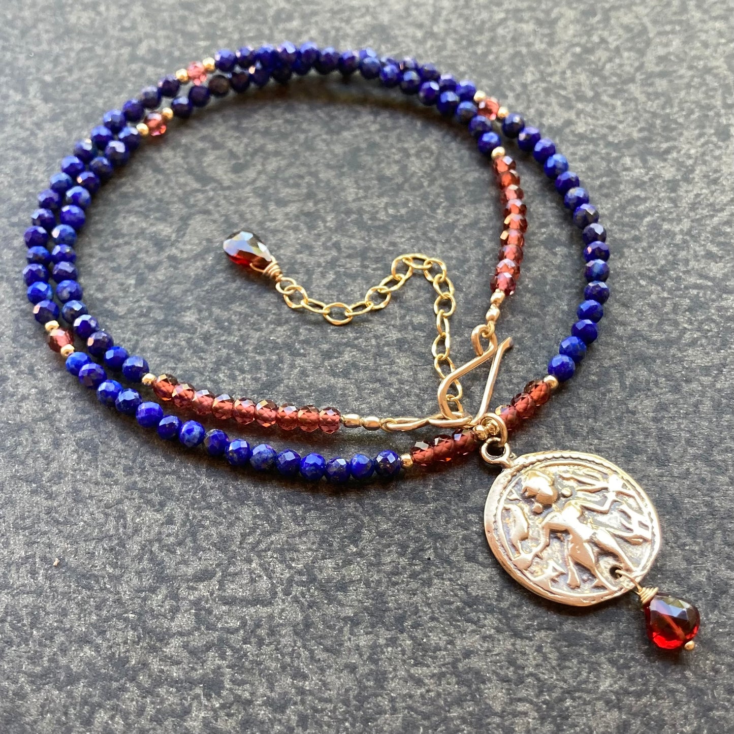 Lapis, Mozambique Garnet, Gold & Bronze Durga Warrior Goddess Necklace