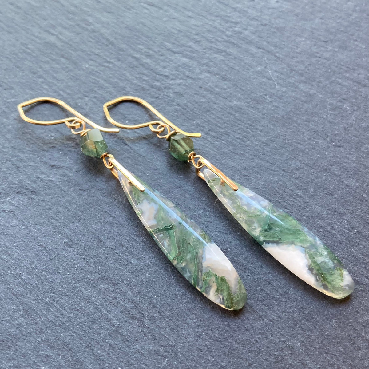 Moss Agate, Paraiba Blue Tourmaline & Gold Long Drop Earrings