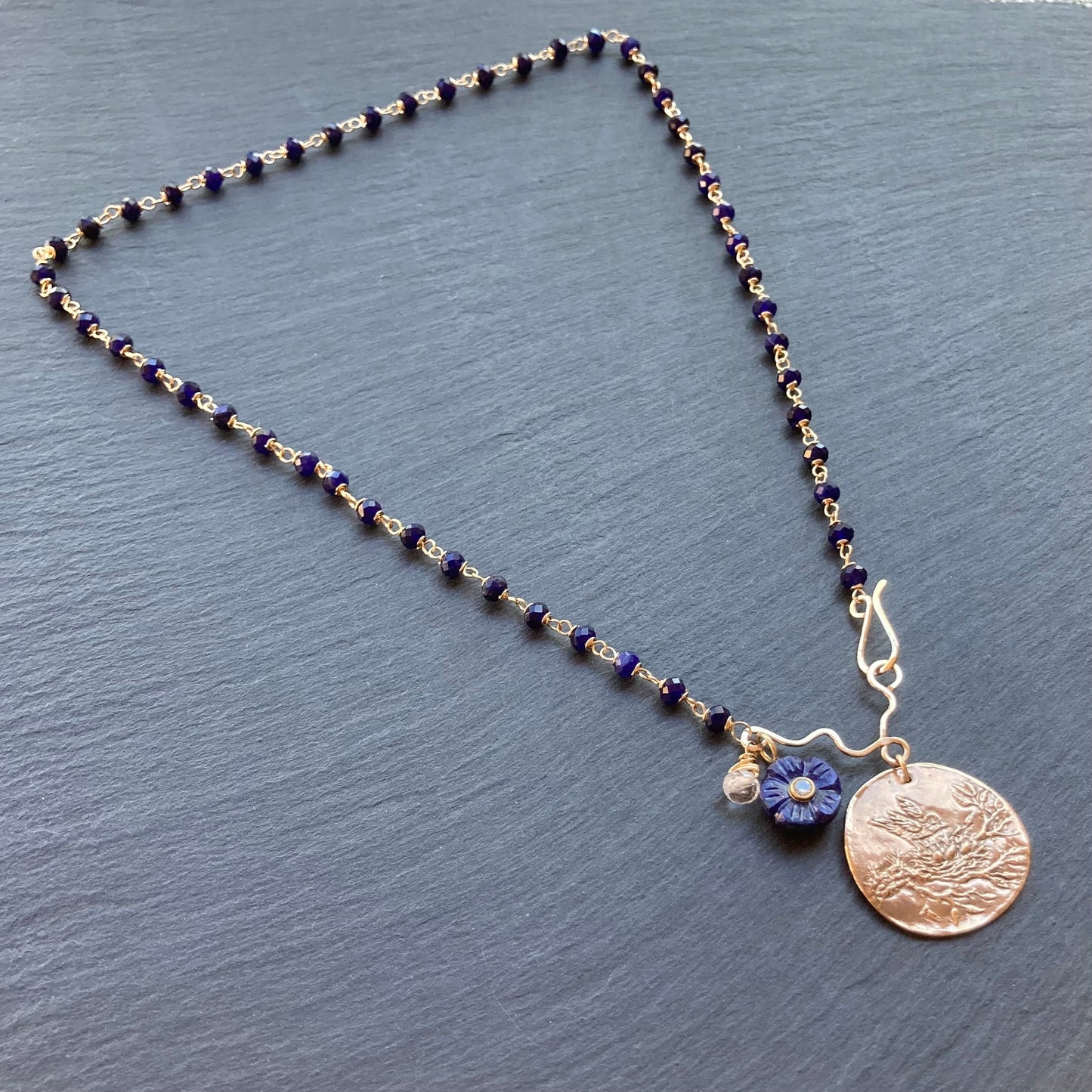 Sodalite, Gold & Bronze Fledgling Coin Charm Necklace