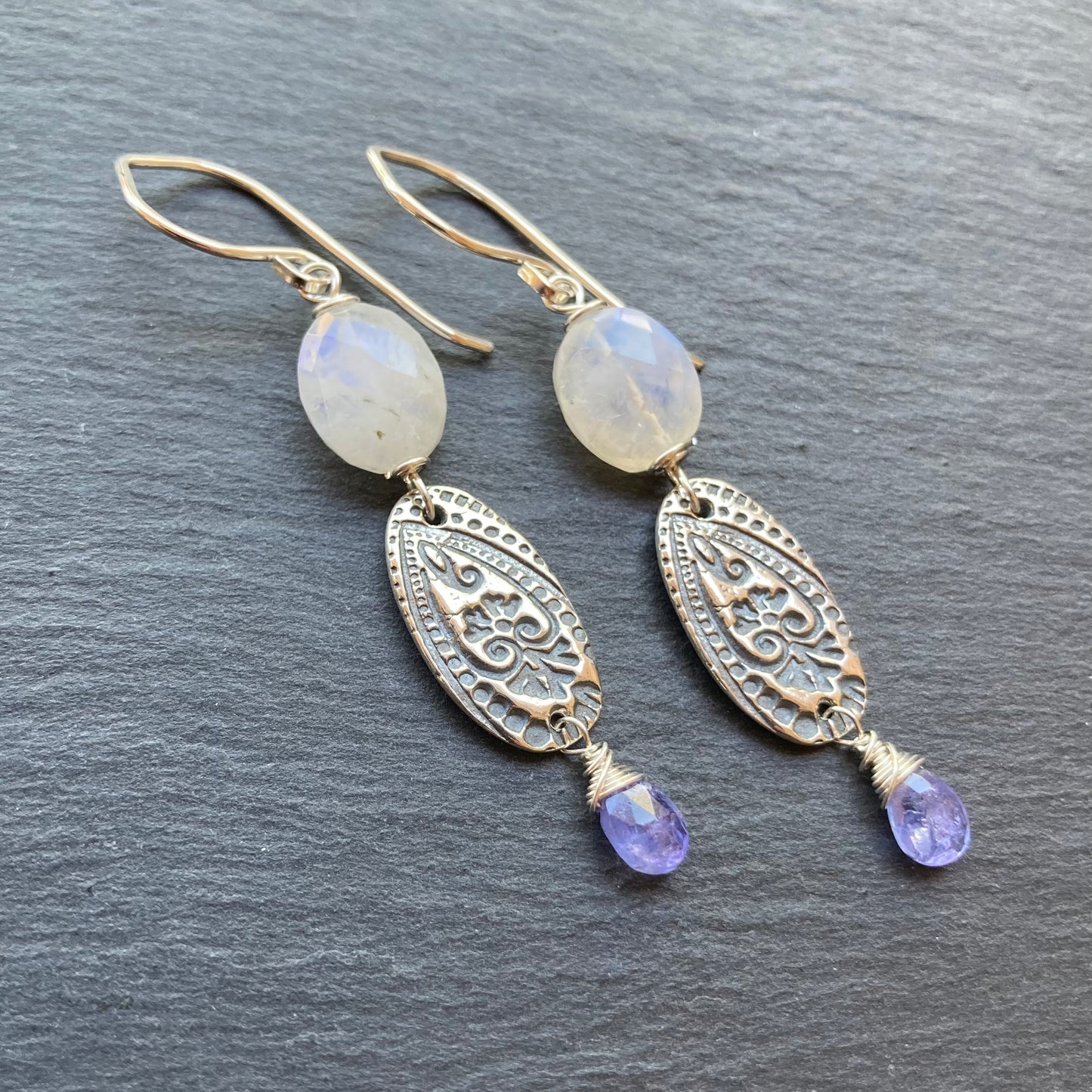 Rainbow Moonstone, Tanzanite & Sterling Silver Earrings