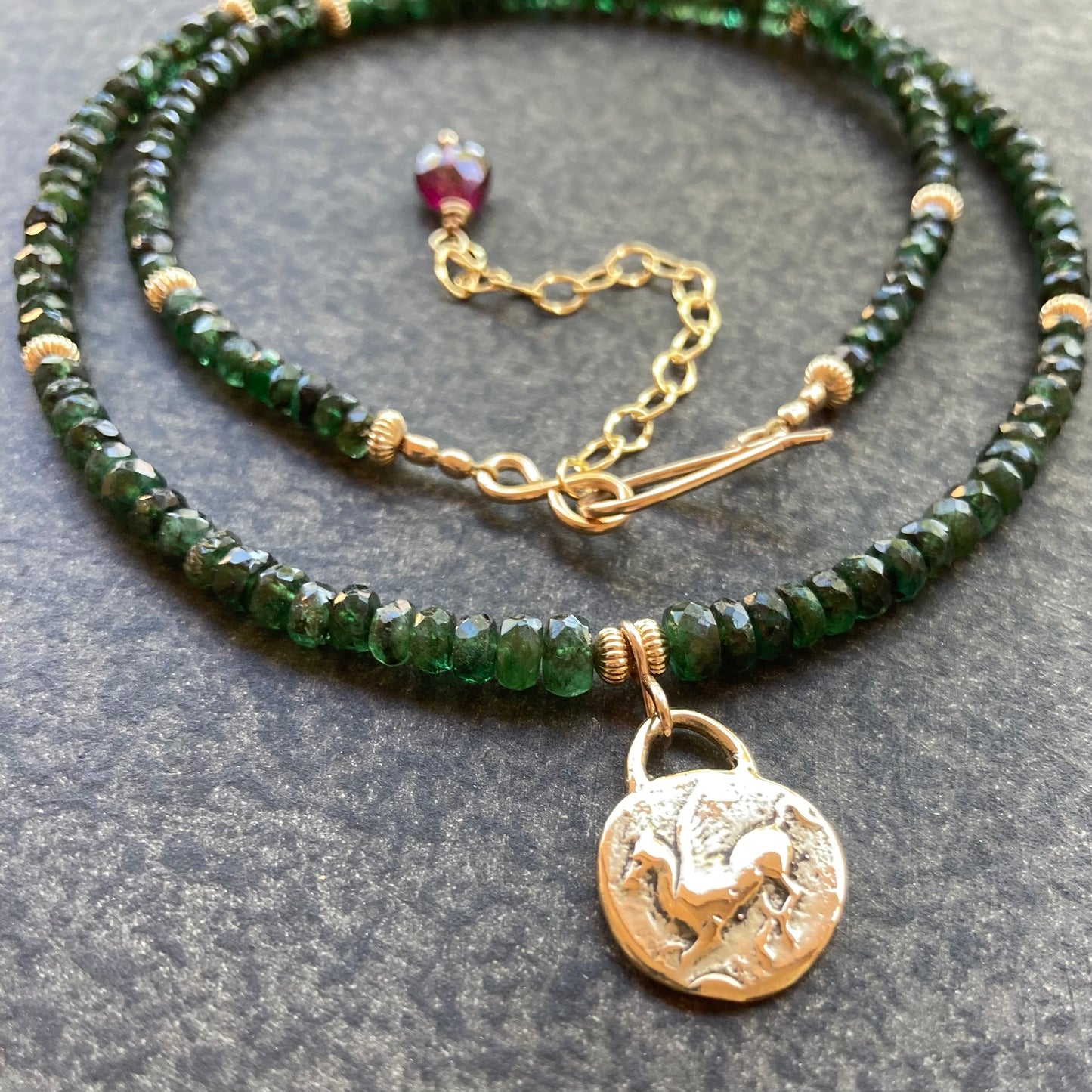 Emerald, Gold & Ancient Bronze Greek Pegasus & Athena Coin Necklace