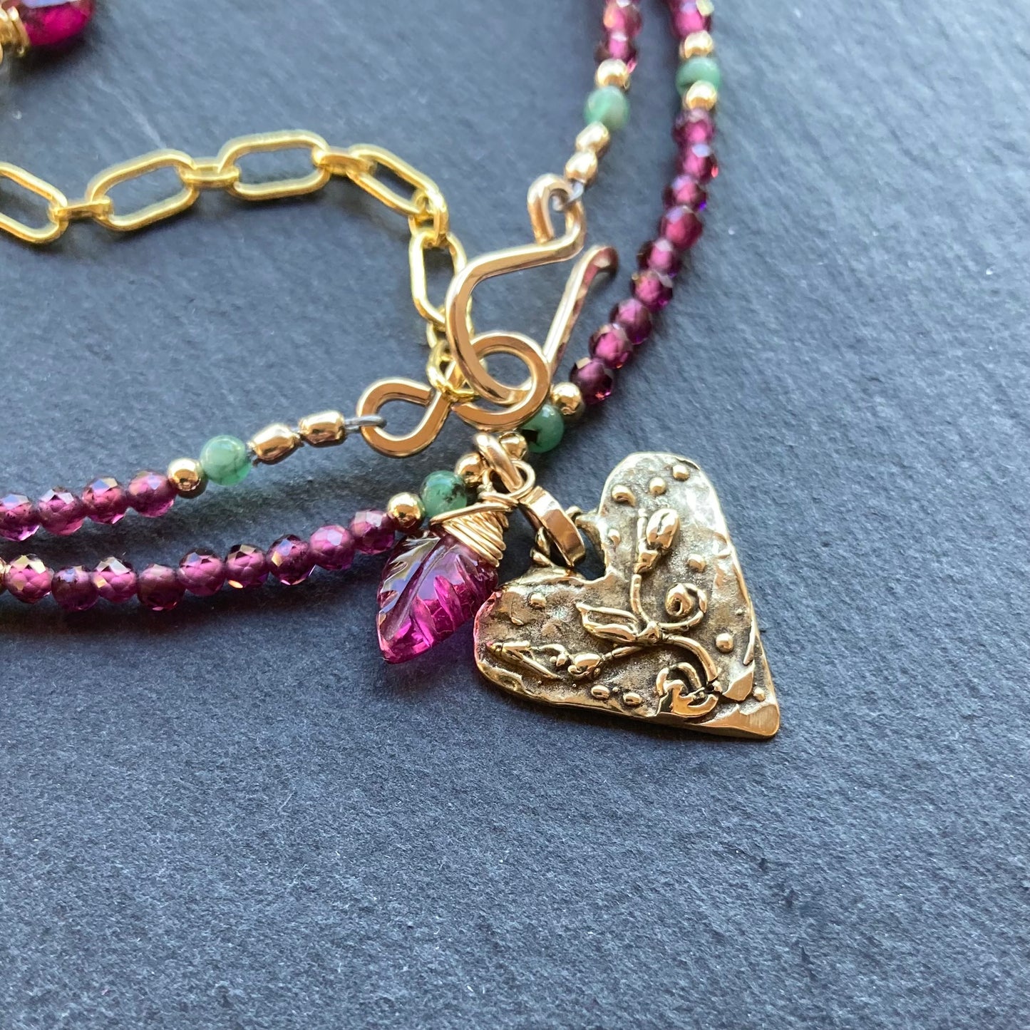 Rhodolite Garnet, Emerald, Gold & Bronze Heart Pendant Choker