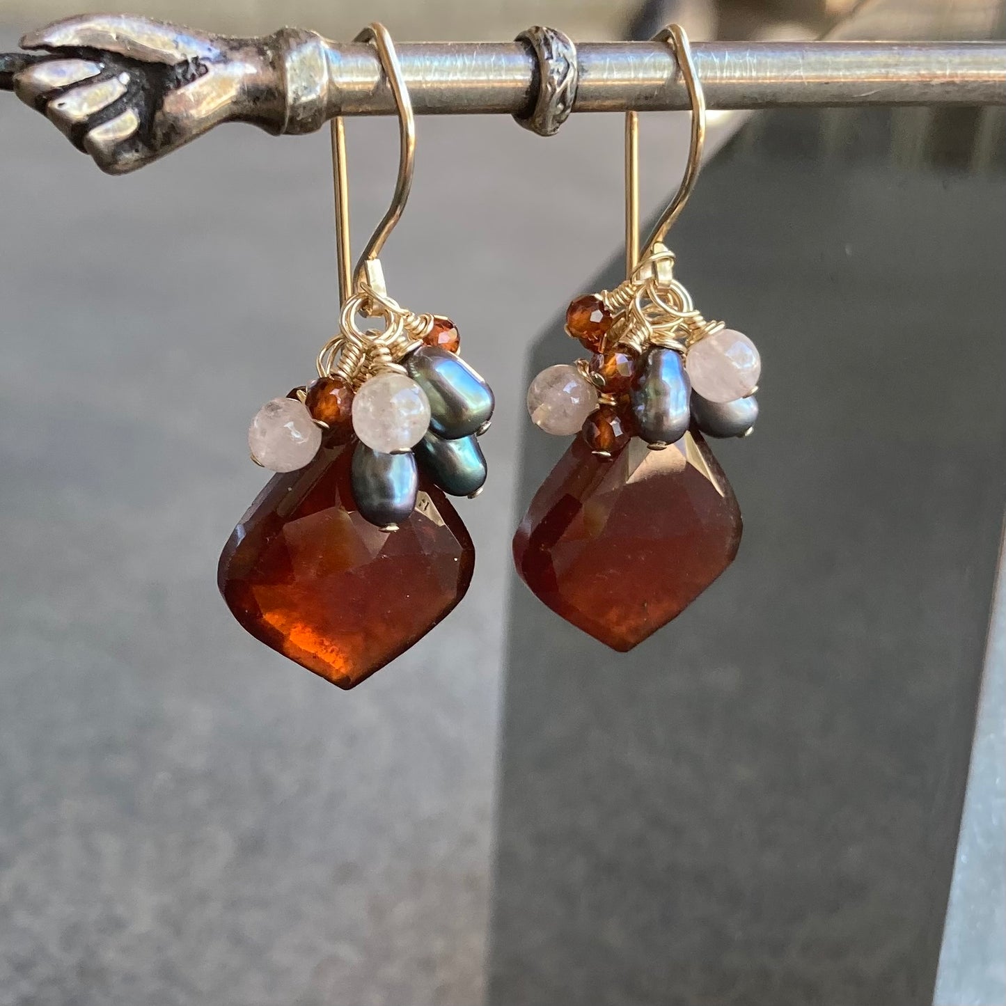 Hessonite, Tahitian Pearl, Morganite & Gold Cluster Earrings