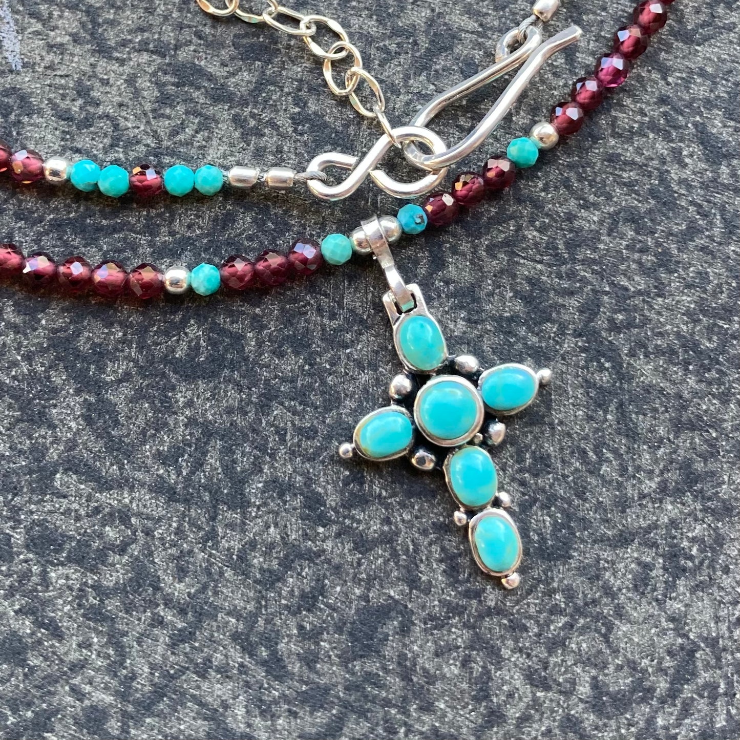 Arizona Turquoise, Mozambique Garnet & Sterling Silver Vintage Cross Necklace