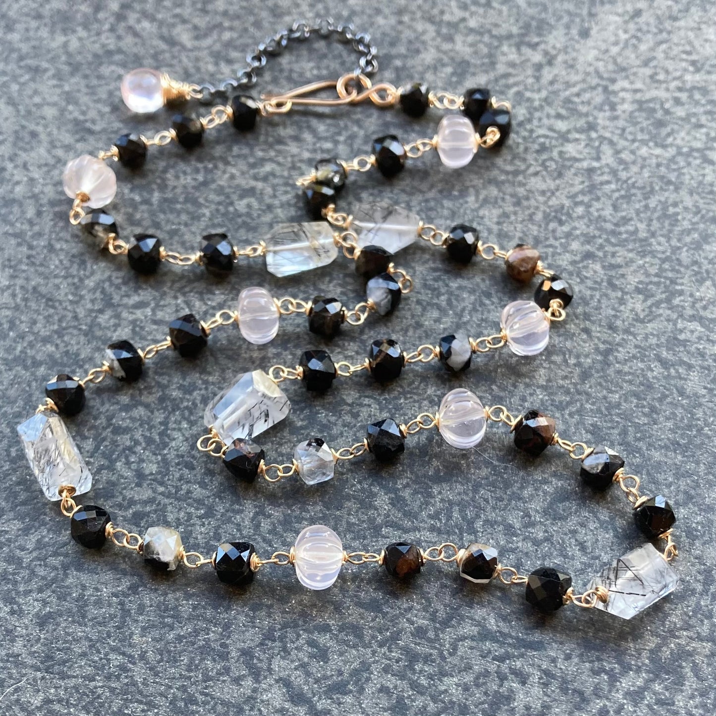 Black Rutilated Quartz, Rose Quartz, Black Tourmaline & Mixed Metal Necklace