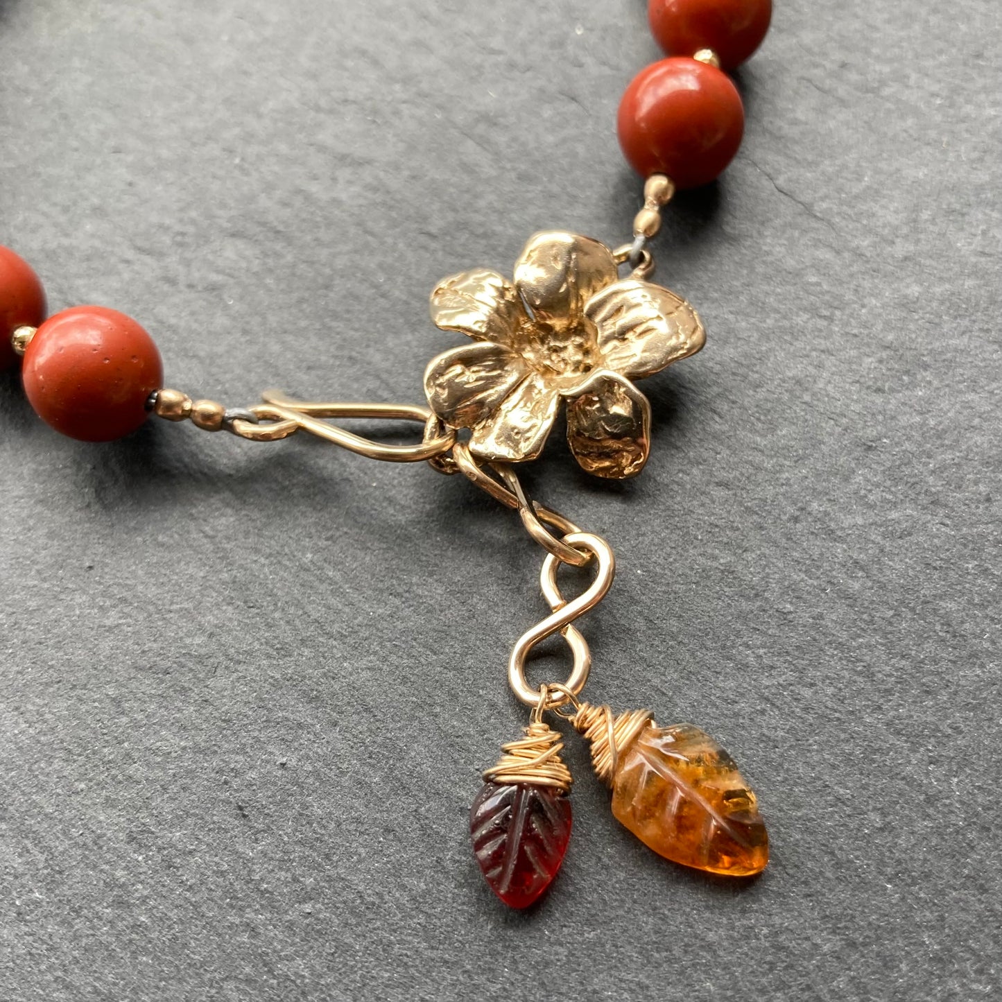 Red Jasper, Gold & Bronze Flower Link Charm Bracelet