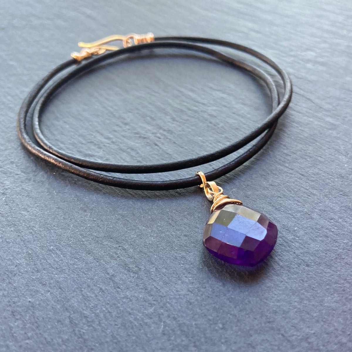 Amethyst & Gold Leather Choker