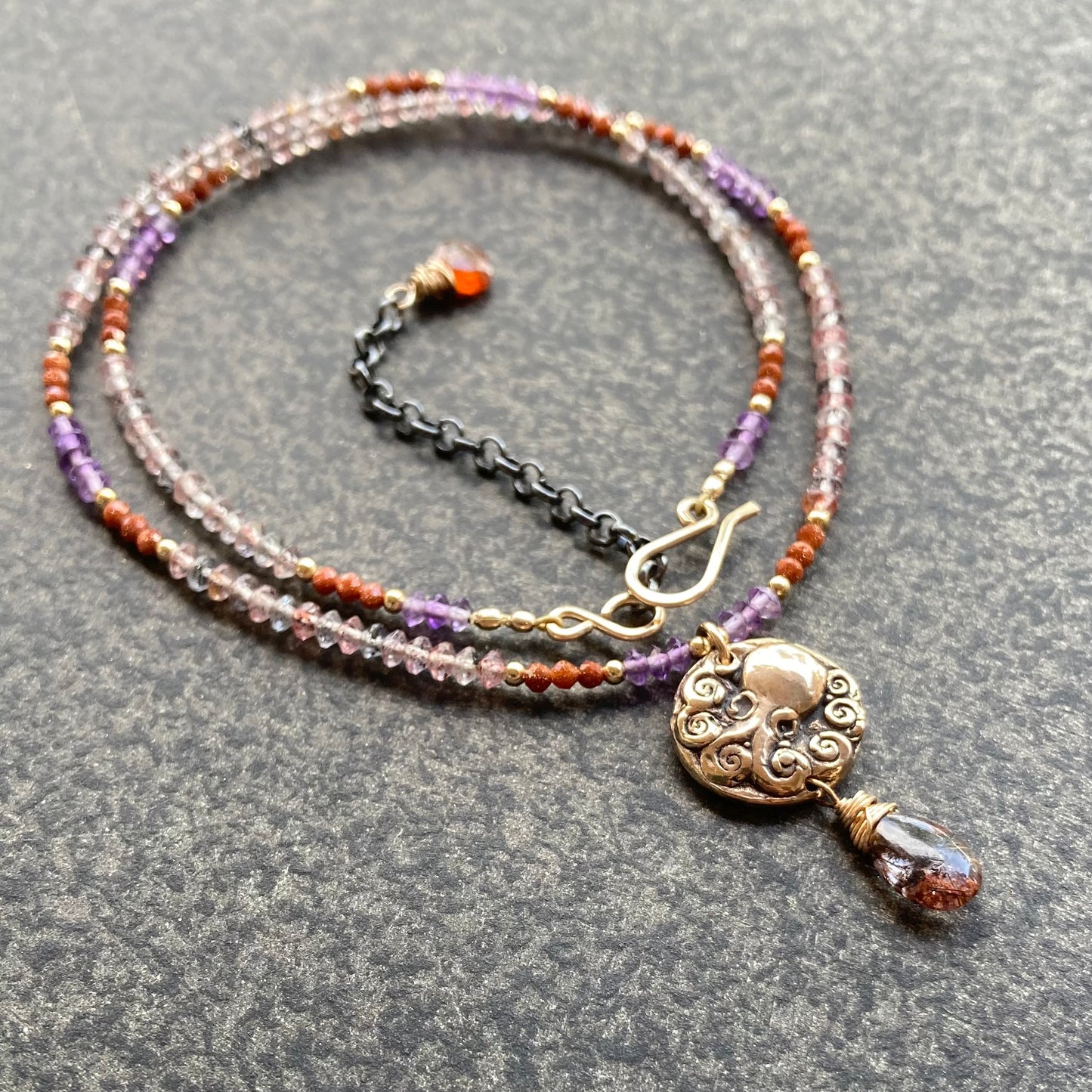 Cacoxenite, Amethyst & Mixed Metal Kraken Coin Necklace