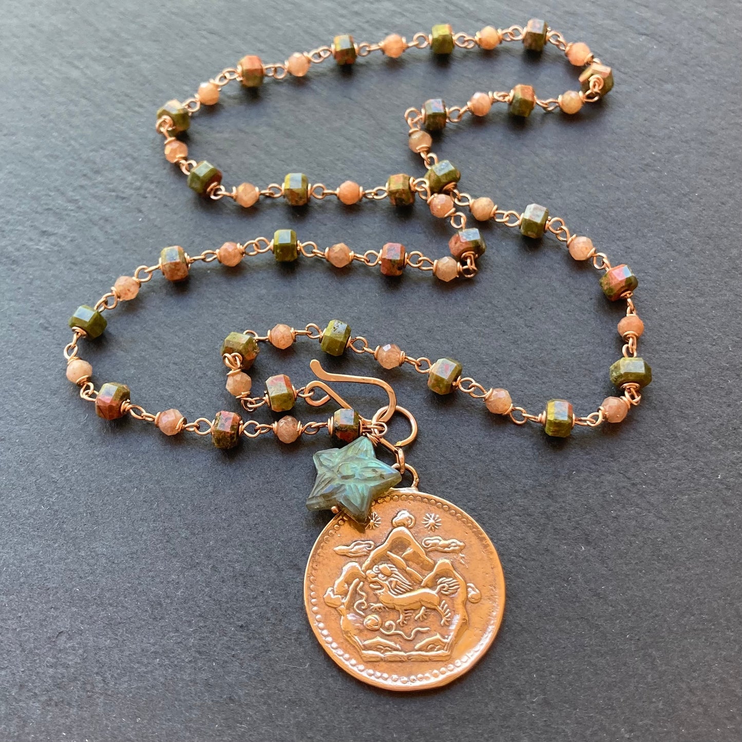 Unakite, Sunstone, Rose Gold & Red Bronze Tibetan Snow Lion Coin Necklace