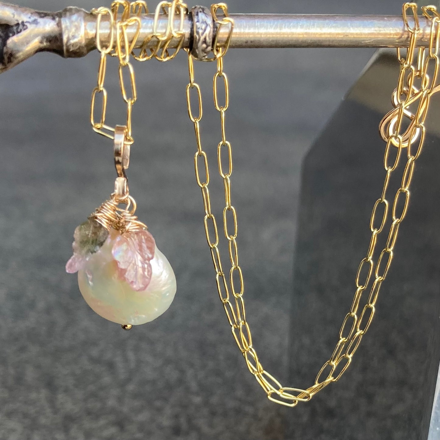 Freshwater Pearl, Watermelon Tourmaline & Gold Leaf Necklace