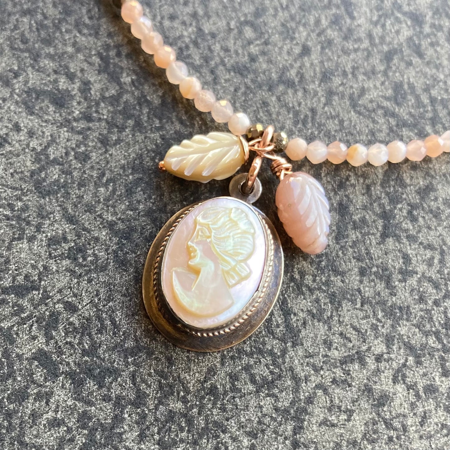 Peach Moonstone & Vintage Mother of Pearl Cameo Pendant Necklace