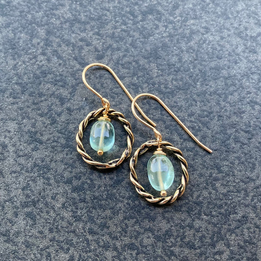 Moss Aquamarine & Bronze Twisted Hoops