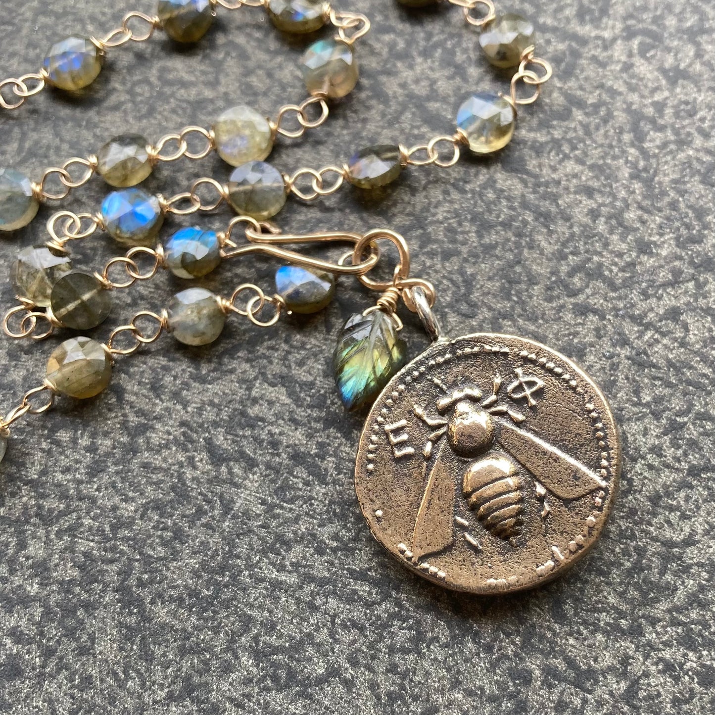 Labradorite & Mixed Metal Sacred Deer & Bee of Artemis Coin Choker