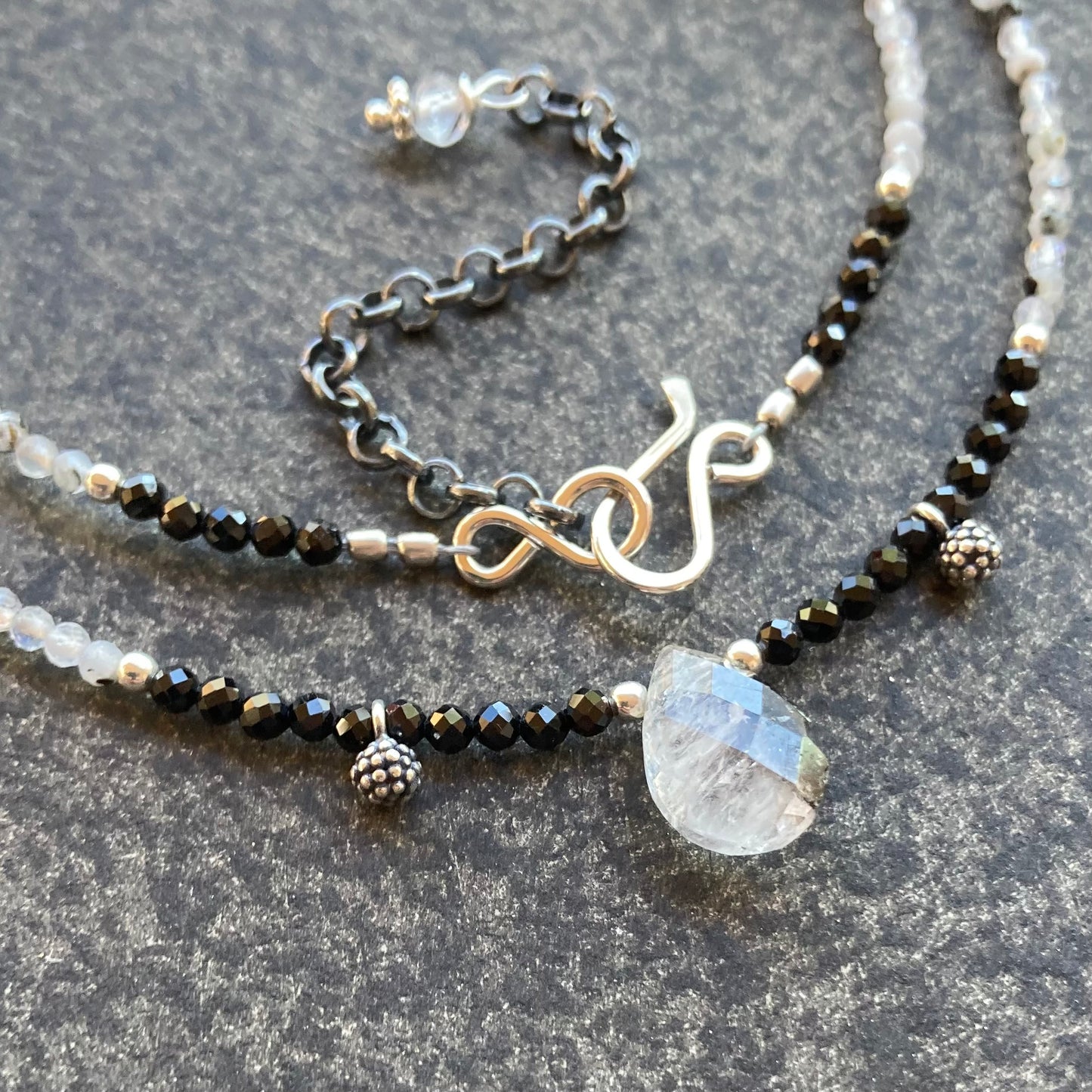 Black Tourmaline, Tourmalinated Moonstone & Sterling Silver Charm Choker