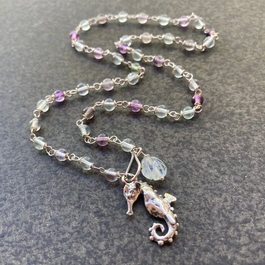 Multicolor Fluorite & Sterling Silver Seahorse Choker