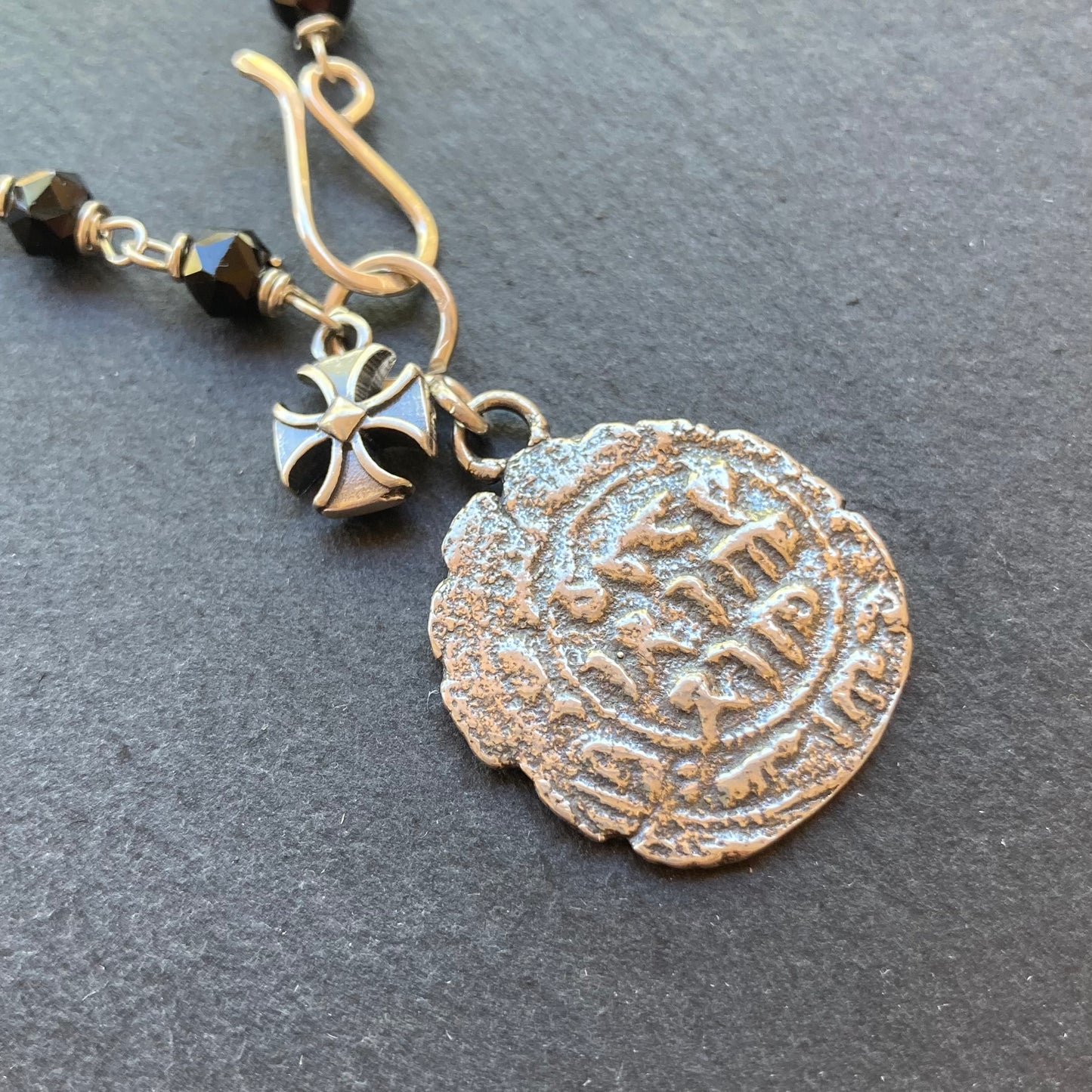 Black Spinel & Sterling Silver Medieval Coin Necklace