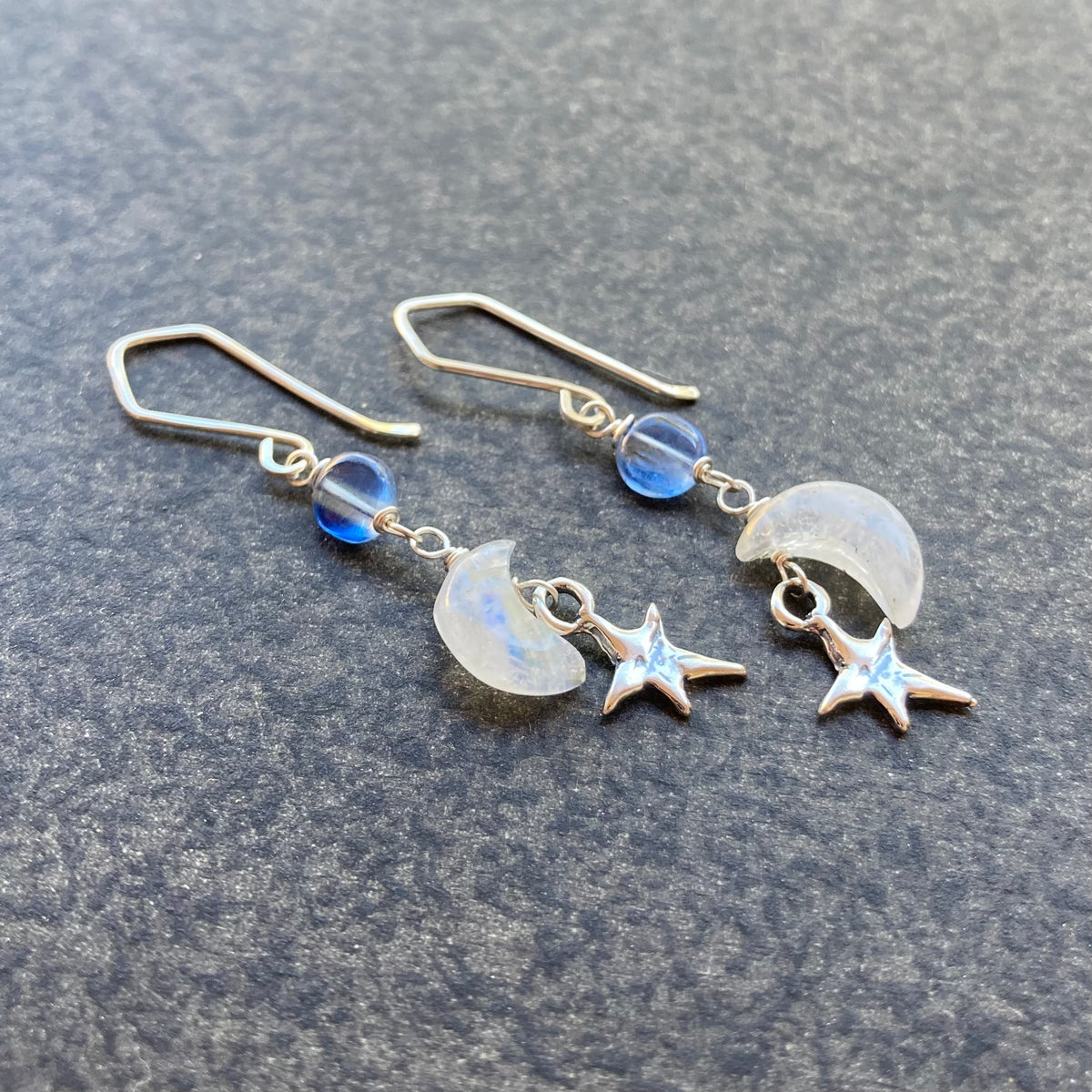 Custom Repair: Rainbow Moonstone, Blue Kyanite & Sterling Siver Moon Star Earrings
