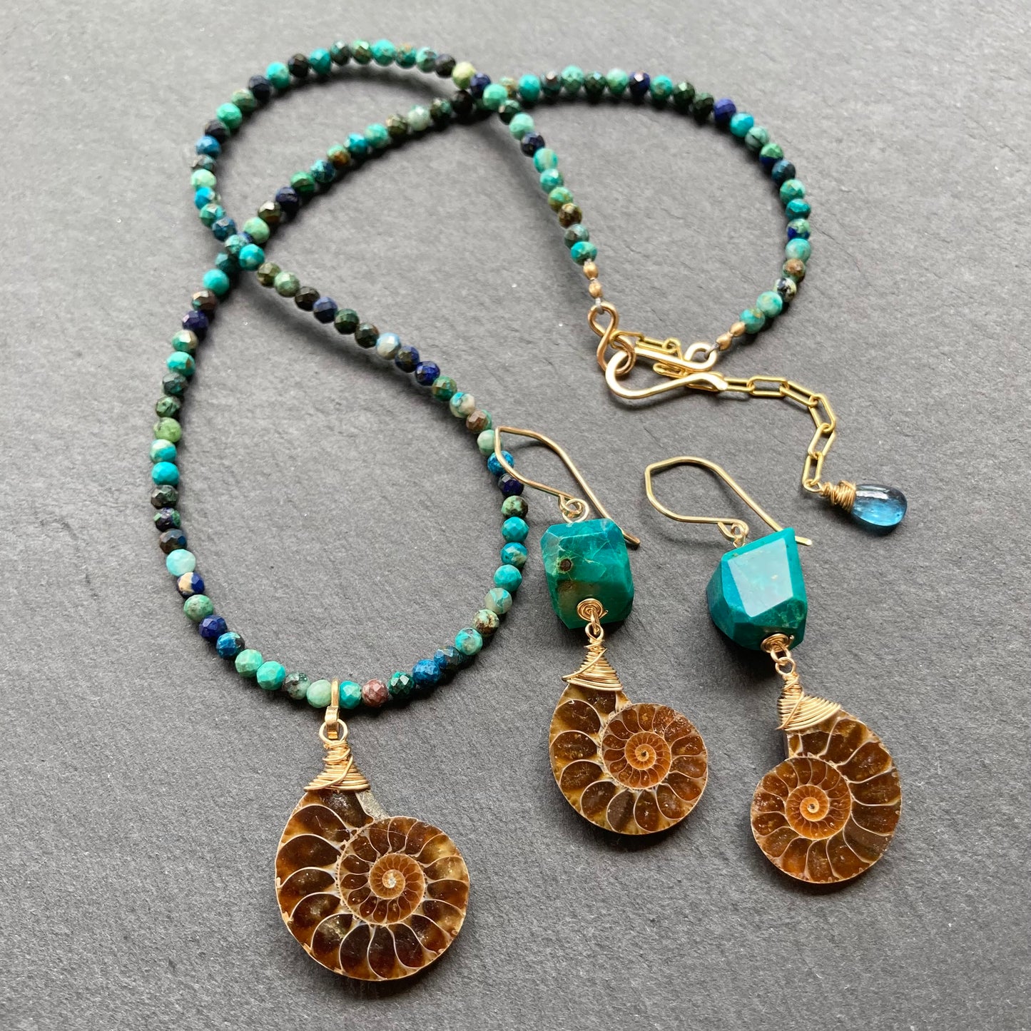 Ammonite, Chrysocolla & Gold Earrings