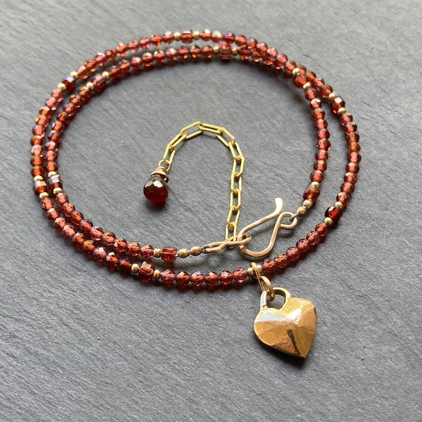 Malaya Garnet, Gold & Bronze Heart Pendant Choker