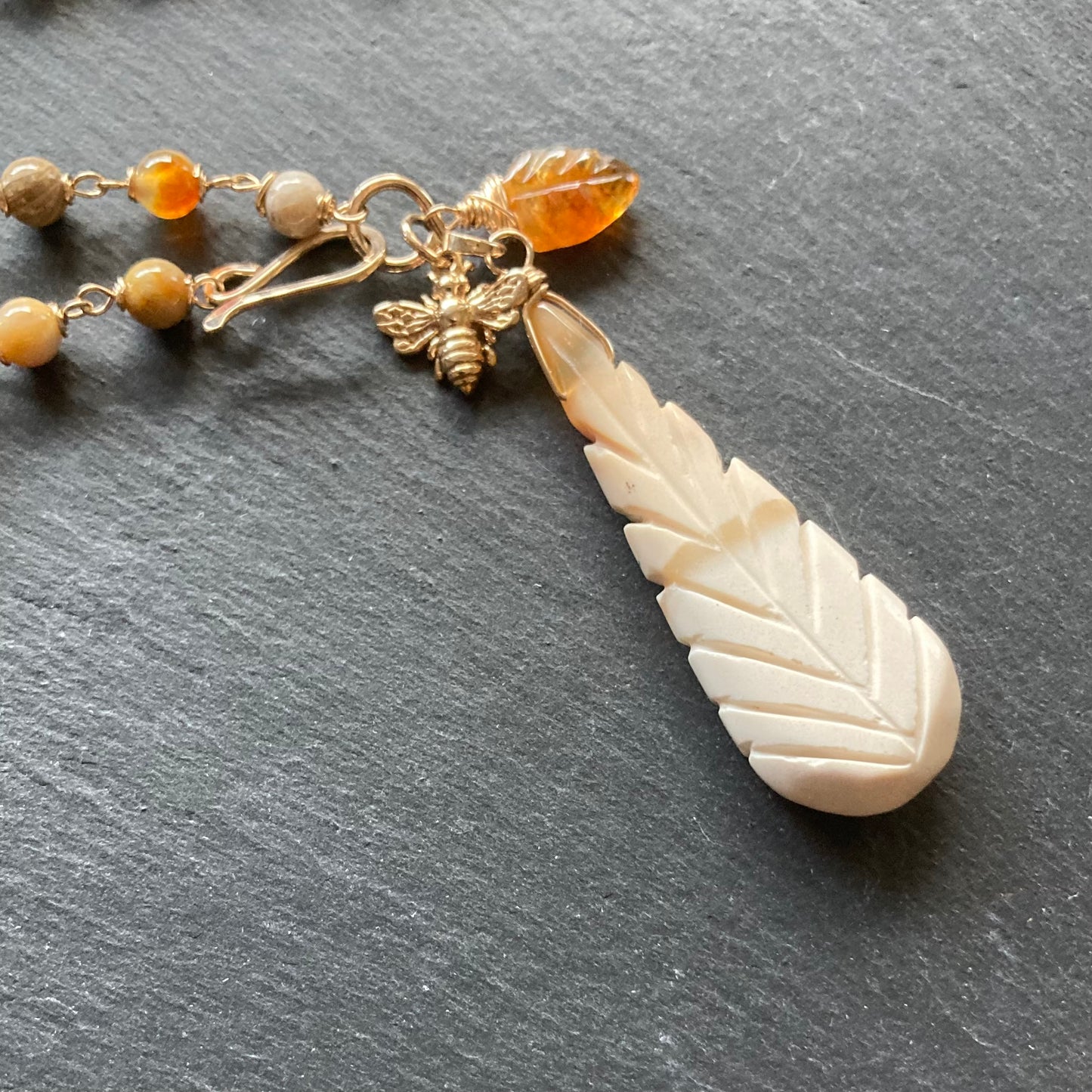 Fossil Coral, Dendritic Opal & Gold Nectar Pendant Necklace