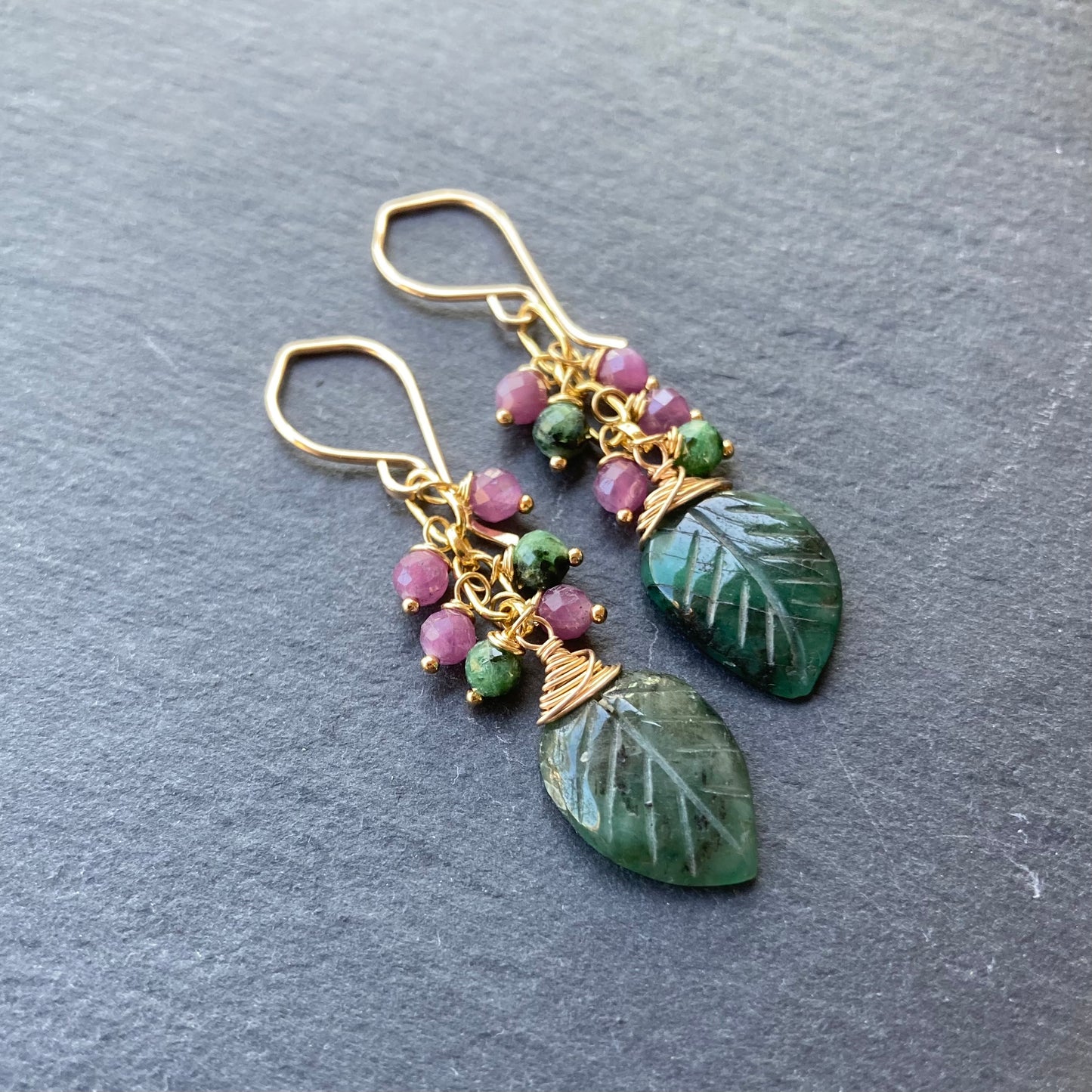 Emerald, Ruby Zoisite & Gold Earrings