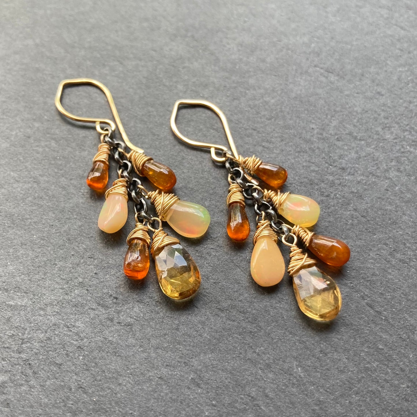Orange Kyanite, Ethiopian Opal, Citrine & Mixed Metal Cascade Earrings