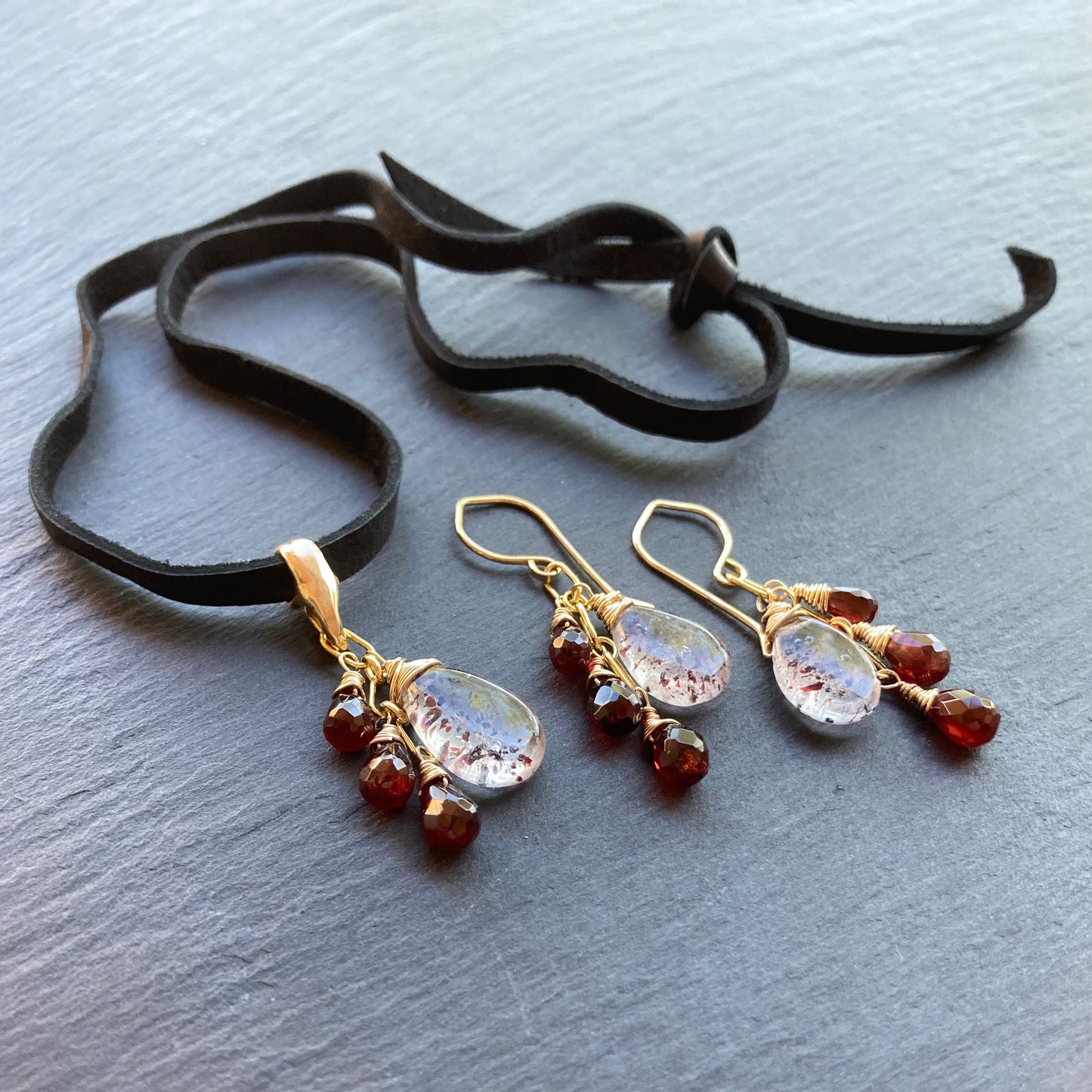 Lepidocrocite, Mozambique Garnet, Gold & Bronze Deertan Leather Choker