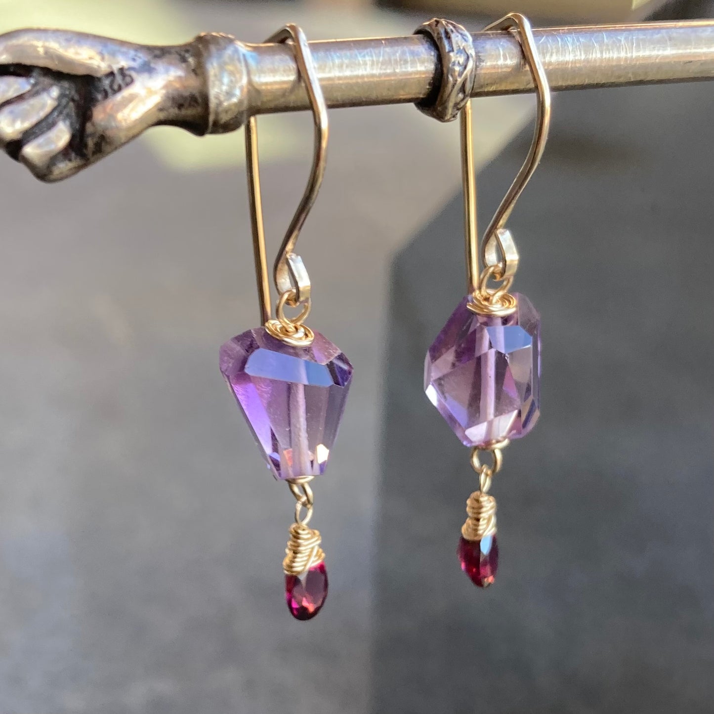 Amethyst, Rhodilite & Gold Earrings