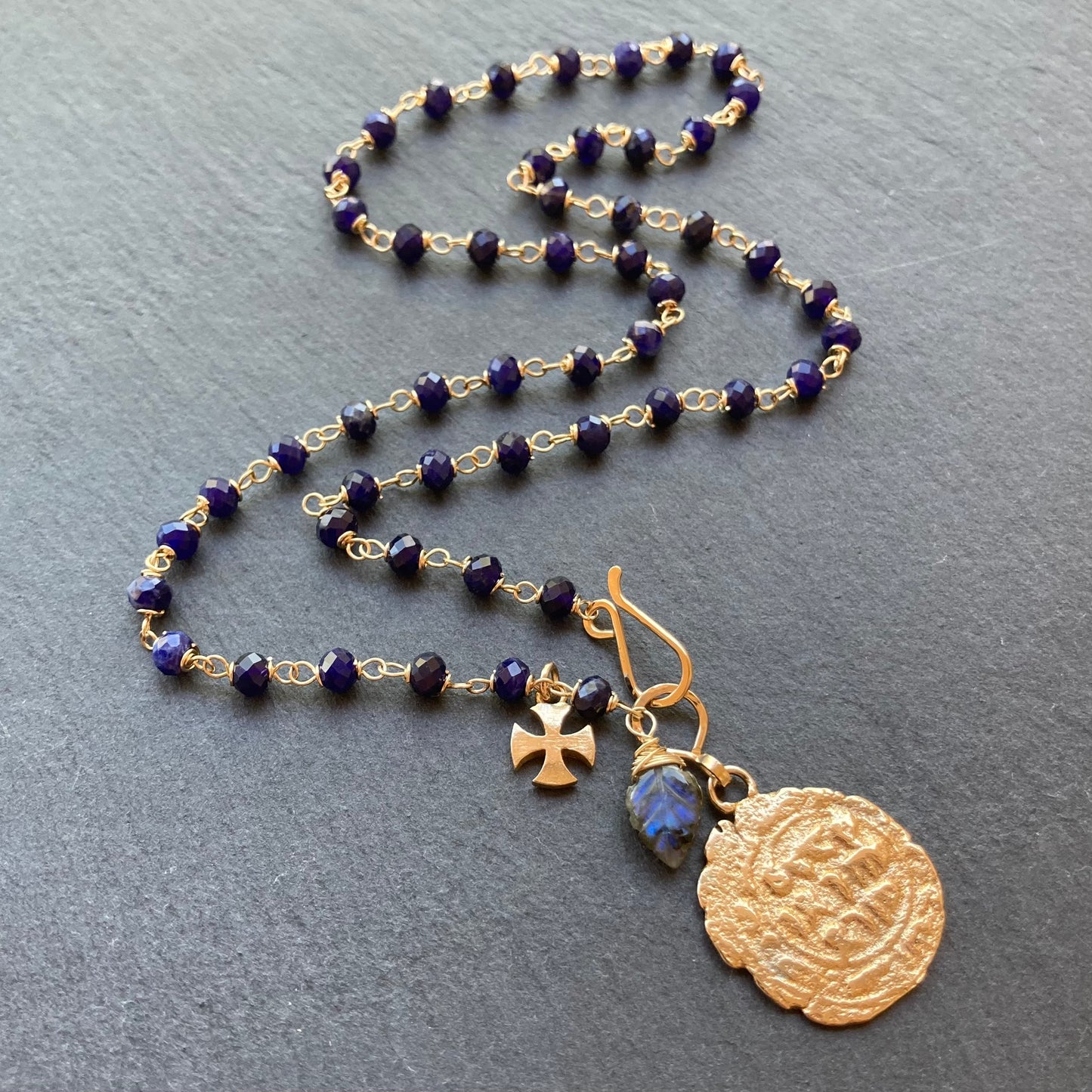 Sodalite, Gold & Bronze Medieval Coin Charm Necklace