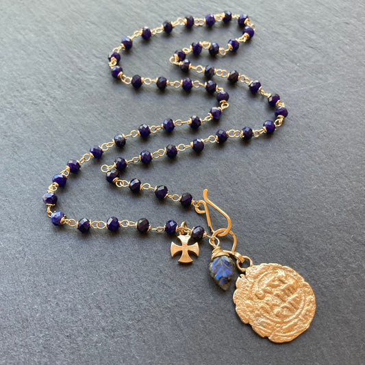 Sodalite, Gold & Bronze Medieval Coin Charm Necklace