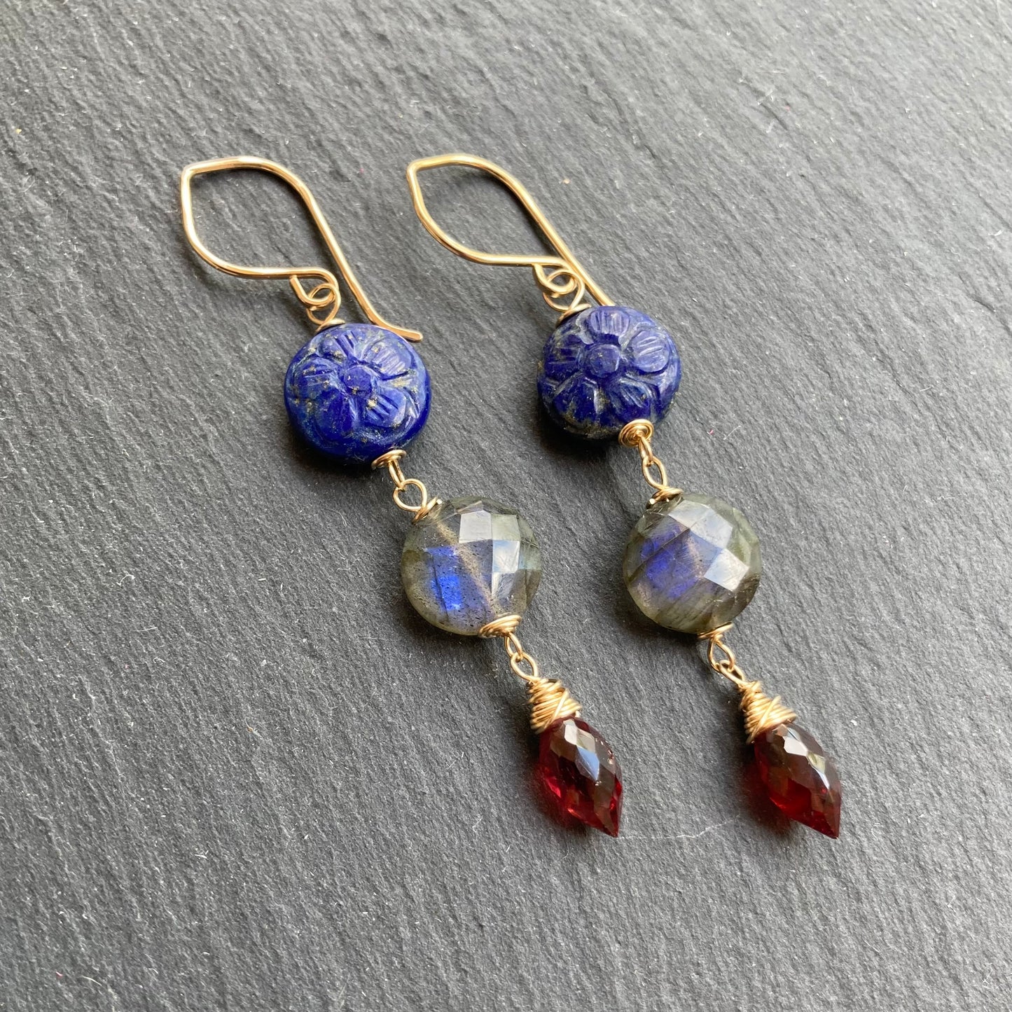 Lapis, Labradorite, Mozambique Garnet & Gold Earrings