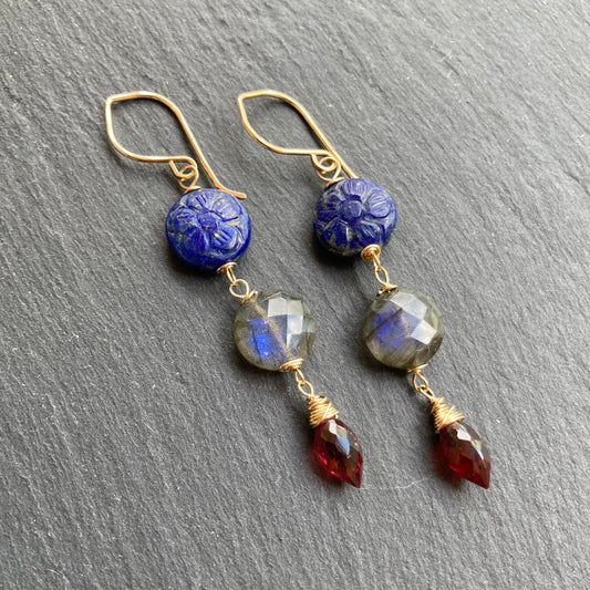 Lapis, Labradorite, Mozambique Garnet & Gold Earrings