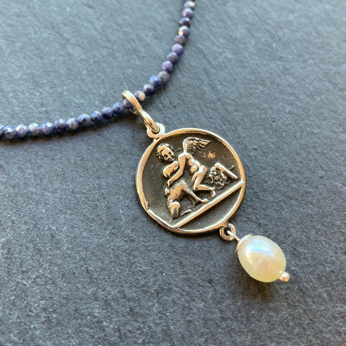 Sapphire, Freshwater Pearl & Sterling Silver Vintage Pendant Necklace