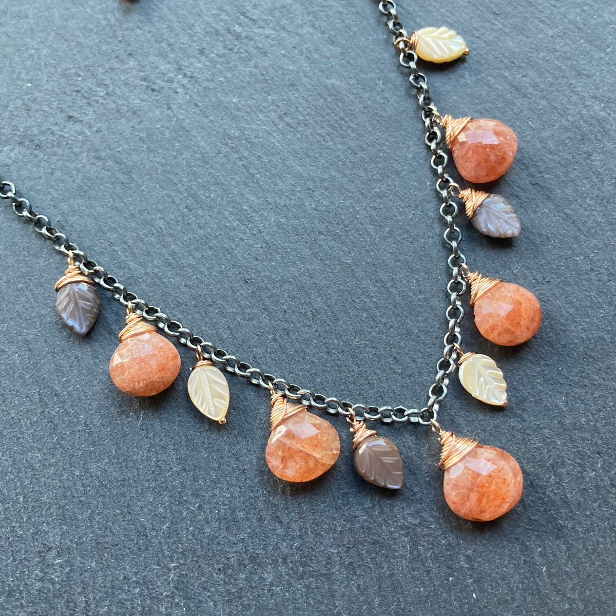 Sunstone, Chocolate Moonstone, Mother of Pearl & Mixed Metal Charm Choker