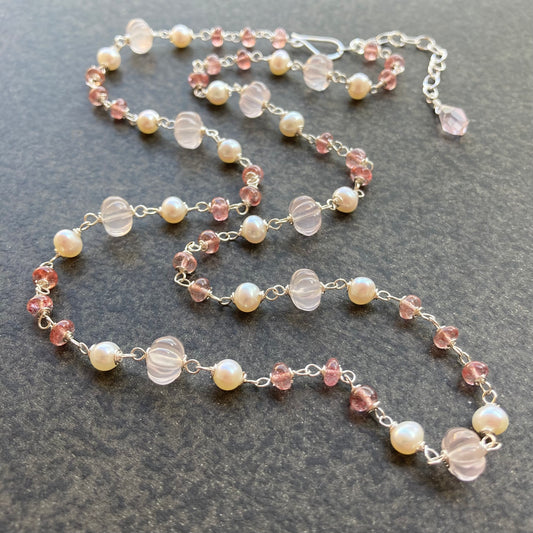 Rose Quartz, Strawberry Quartz, Vintage Freshwater Pearl & Sterling Silver Necklace