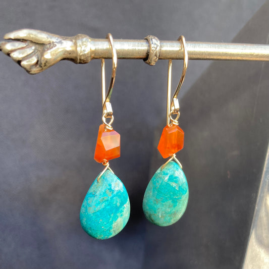 Chrysocolla, Carnelian & Gold Earrings