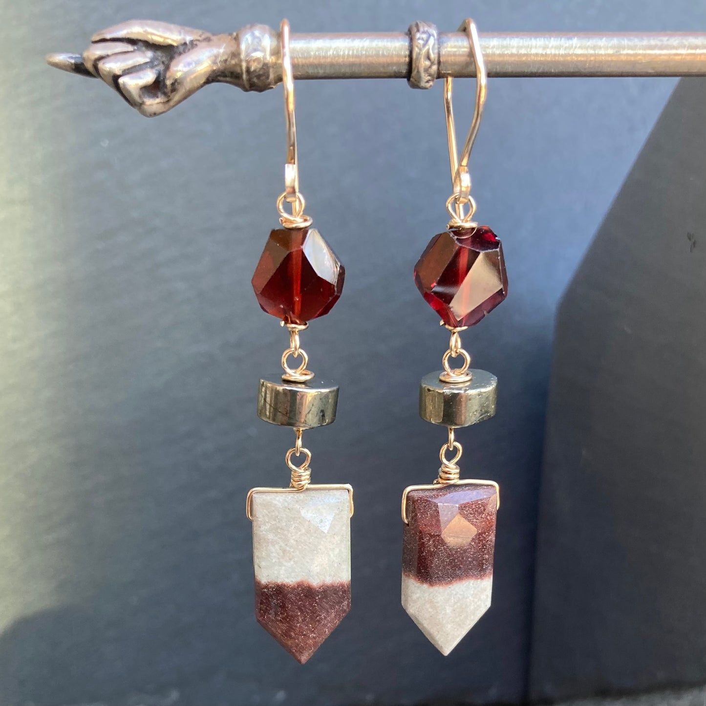 Mookaite, Mozambique Garnet, Pyrite & Gold Earrings