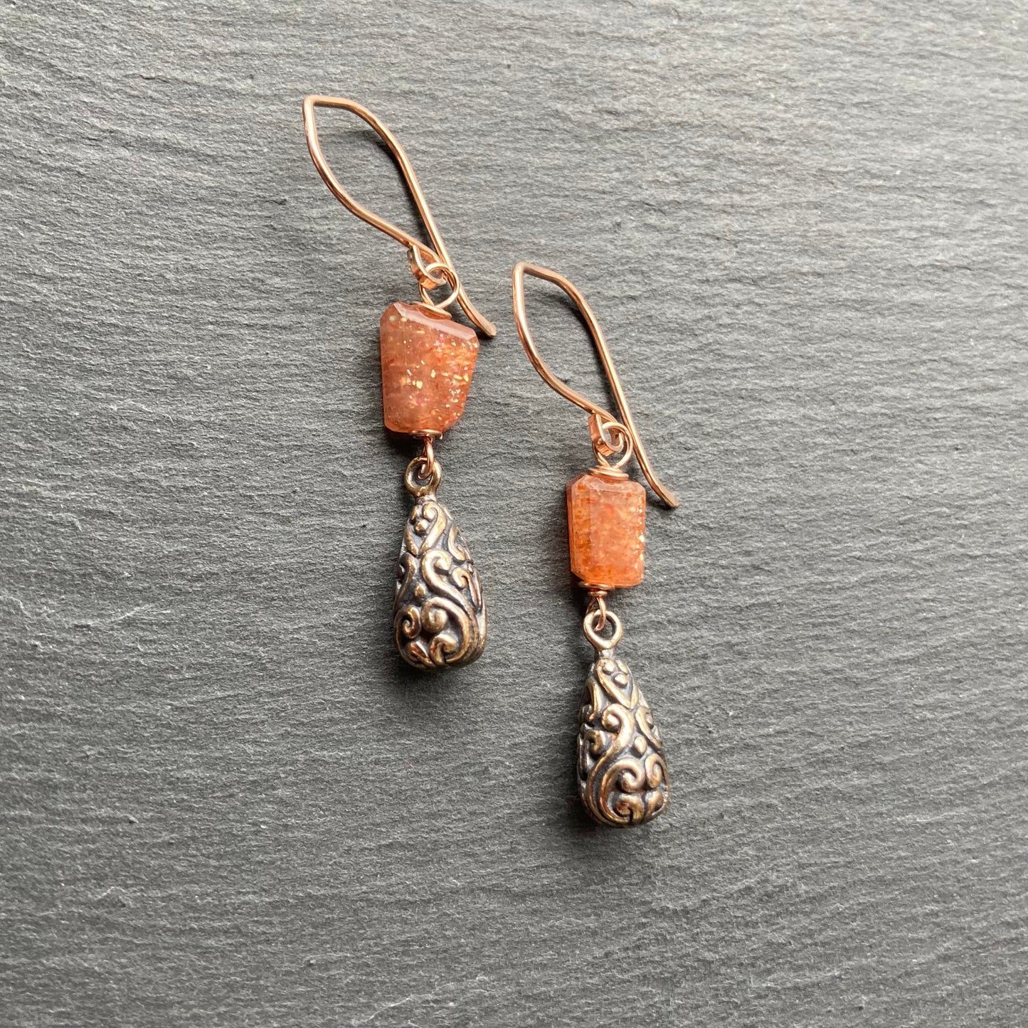 Sunstone, Rose Gold & Shibuichi Drop Earrings