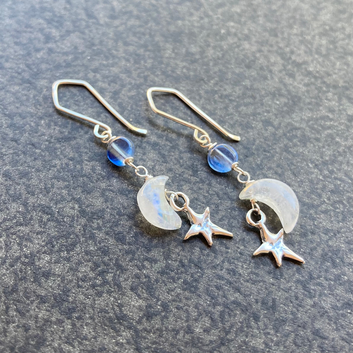 Custom Repair: Rainbow Moonstone, Blue Kyanite & Sterling Siver Moon Star Earrings