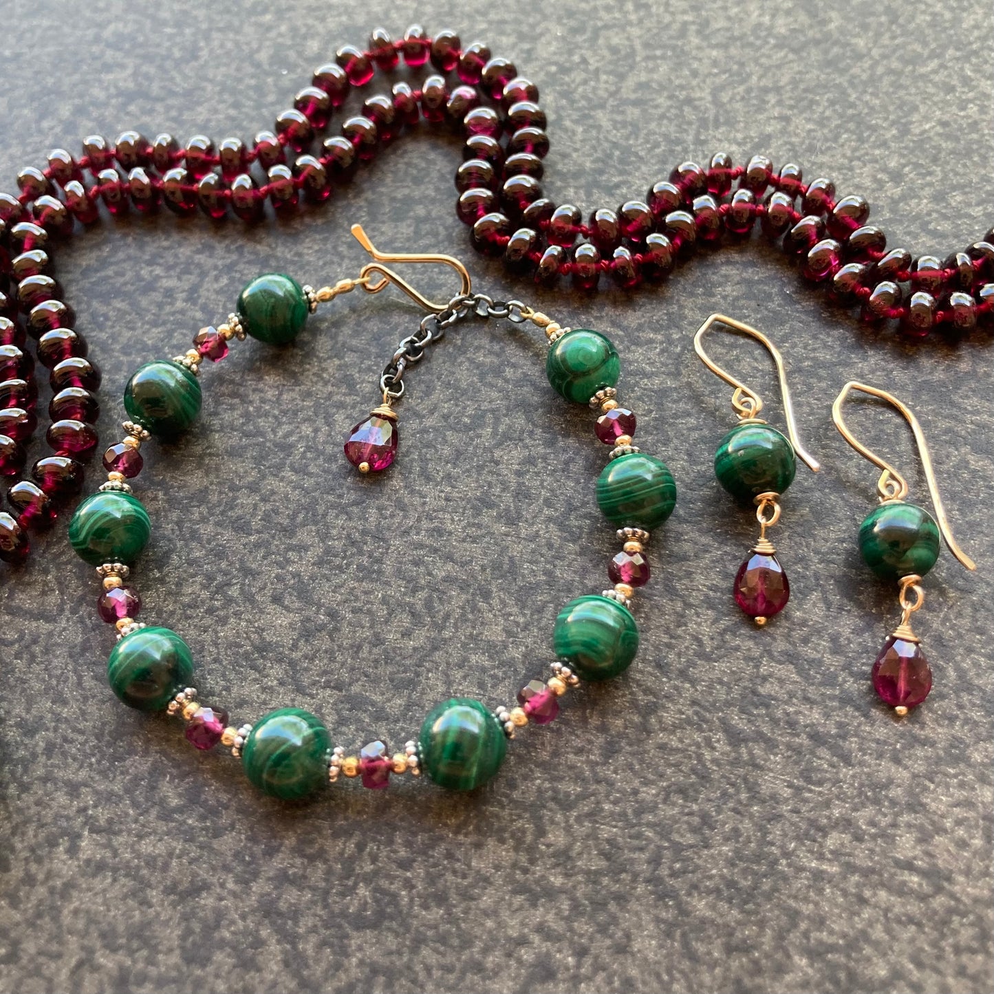 Malachite, Rhodolite & Mixed Metal Bracelet