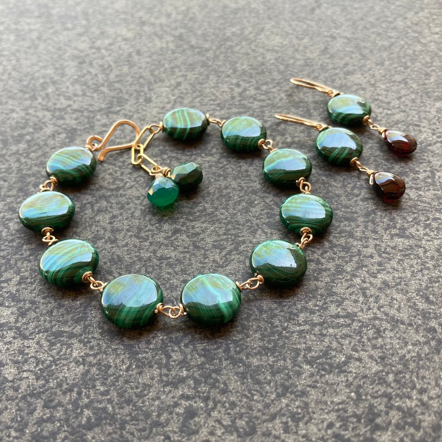 Malachite, Rhodolite & Gold Earrings