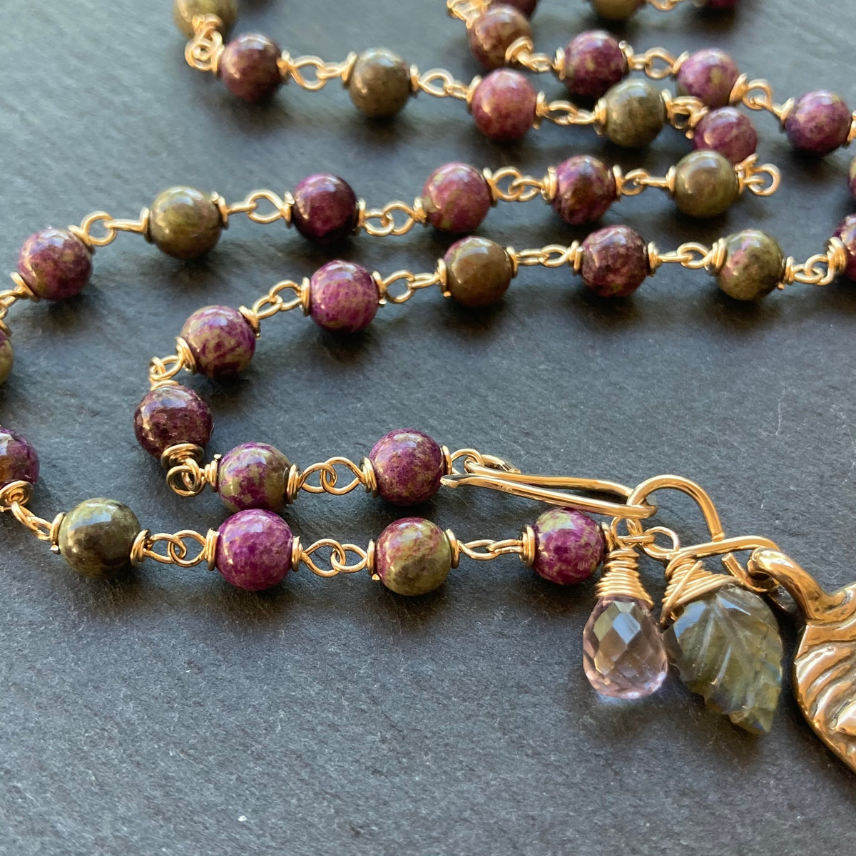 Atlantisite Stichtite, Gold & Bronze Dragonfly Lily Pendant Necklace